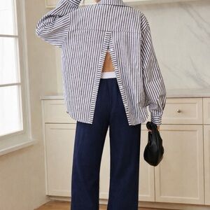 Commense Navy and White Striped Shirt with Open or Close Back